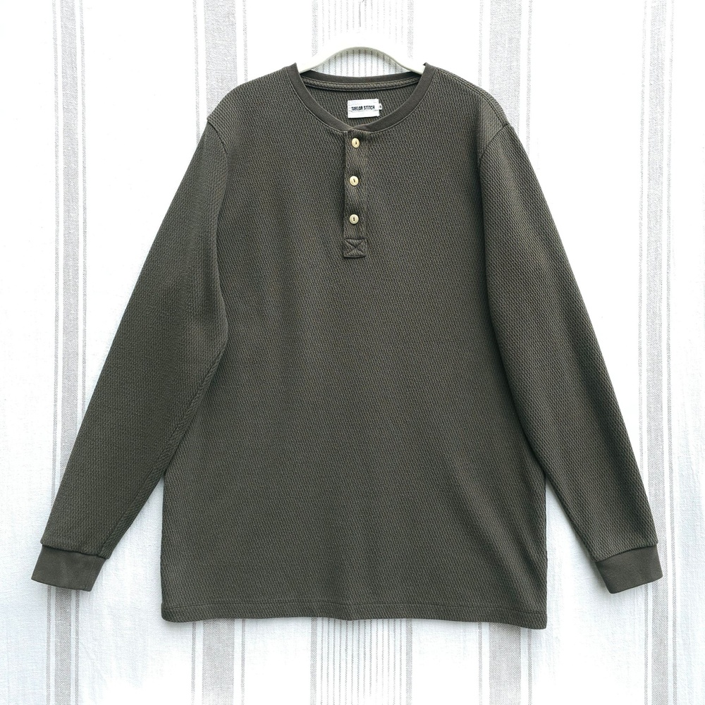 Taylor Stitch Shirt Heavy Bag Waffle Henley Mens 44 XL Olive Green Thermal Knit
